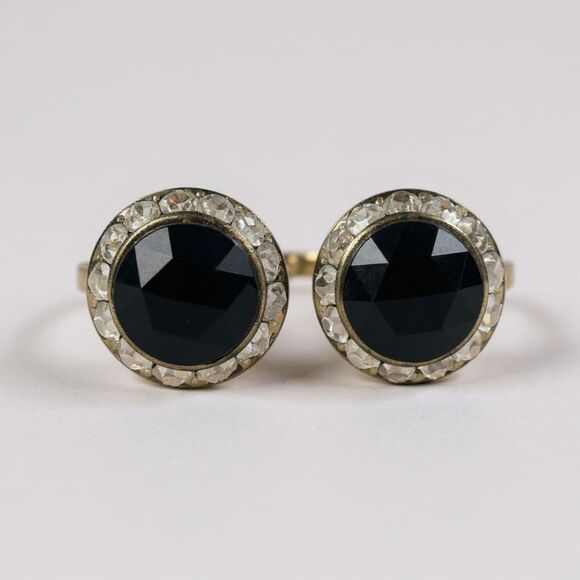 Vintage 1960s Black Faceted Plastic and Clear Rhinestone Clip-On Earrings - Picture 1 of 3